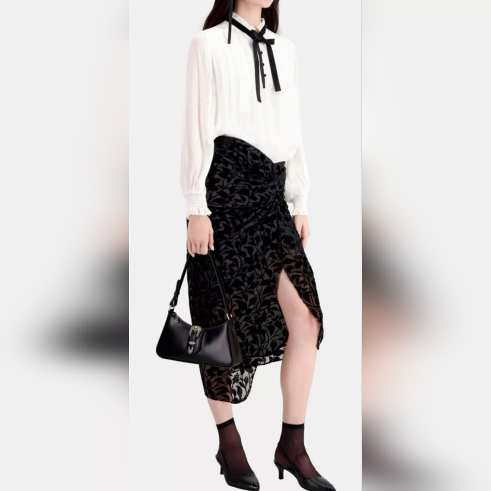 The Kooples SEALED! NWT! Black Devore Velvet Midi Skirt in Black. Sz 0. R2S!!